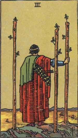 Trois de Bâtons — Rider-Waite tarot card