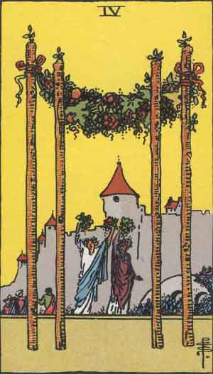 Cuatro de Bastos — Rider-Waite tarot card