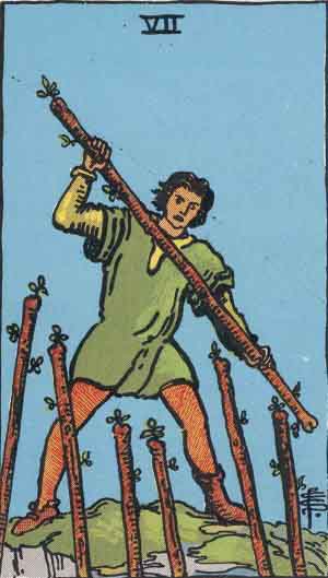 Sept de Bâtons — Rider-Waite tarot card