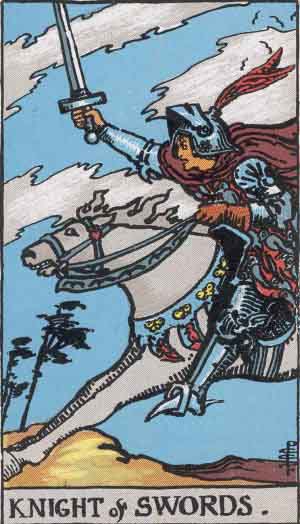 Cavalier d'Épées — Rider-Waite tarot card