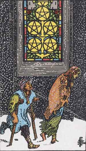 Cinco de Oros — Rider-Waite tarot card