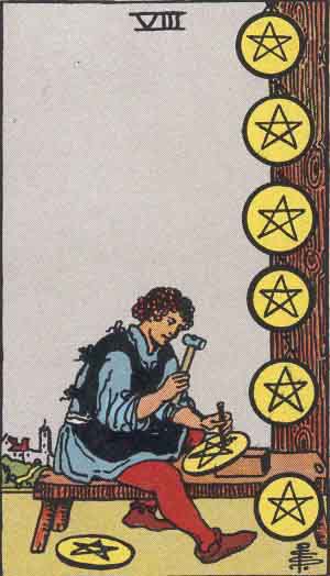 Ocho de Oros — Rider-Waite tarot card