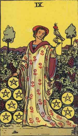 Neuf de Deniers — Rider-Waite tarot card